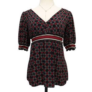 Studio M Petite Womens Top Blouse Size XS Black Red V Neck Puff Sleeve Babydoll
